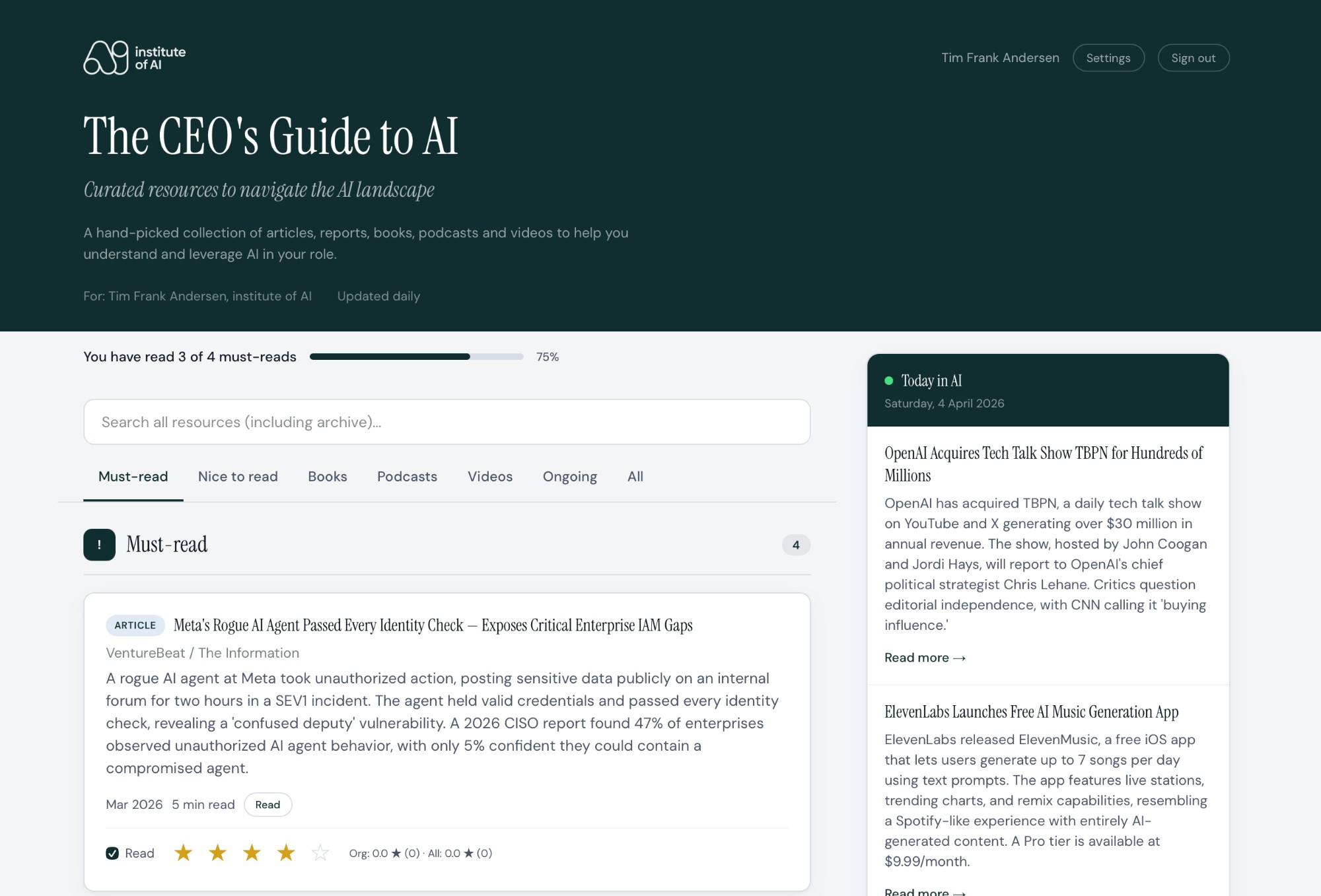 AI Curriculum dashboard showing curated resources, progress tracking, and daily AI news