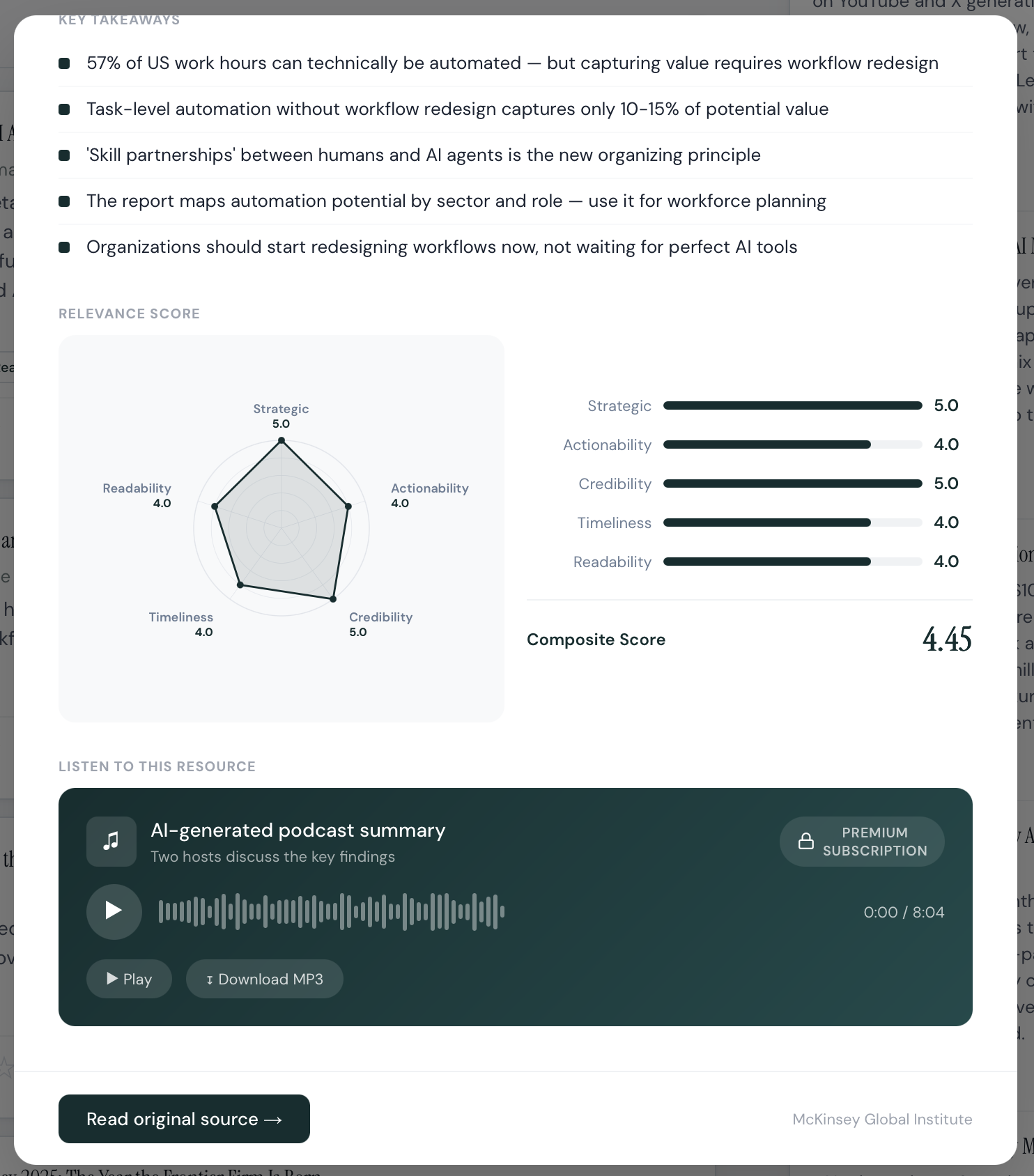 Relevance scoring and AI-generated podcast summary